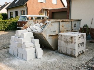 Ytong-Steine neben Container zur Entsorgung auf Sanierungsbaustelle