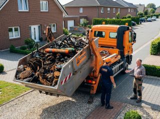 Containerdienst holt vollen Schrottcontainer ab – regionaler Fachbetrieb im Einsatz
