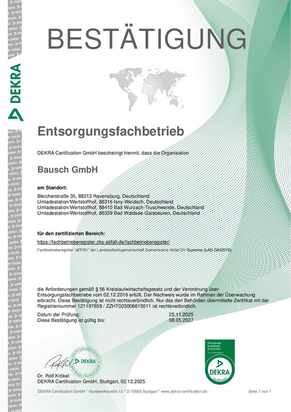 Bestätigung Entsorgungsfachbetrieb (EFB)
